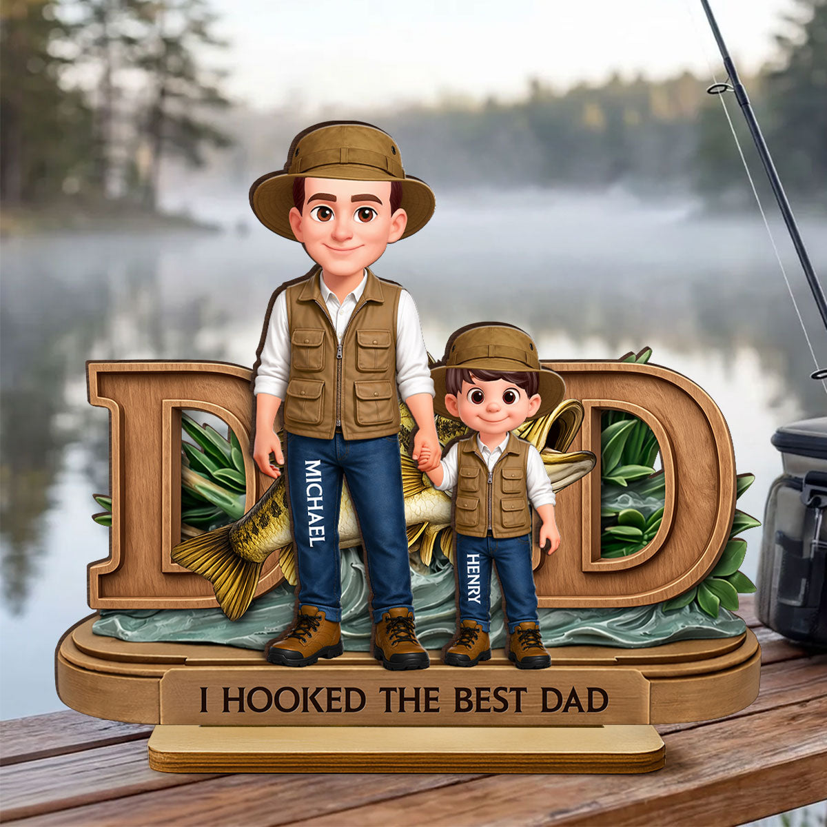 We Hooked The Best Dad Fishing - Personalized 2-Layered Wooden Plaque - Heartfelt Gift For Fishing Dad, Gift For Husband