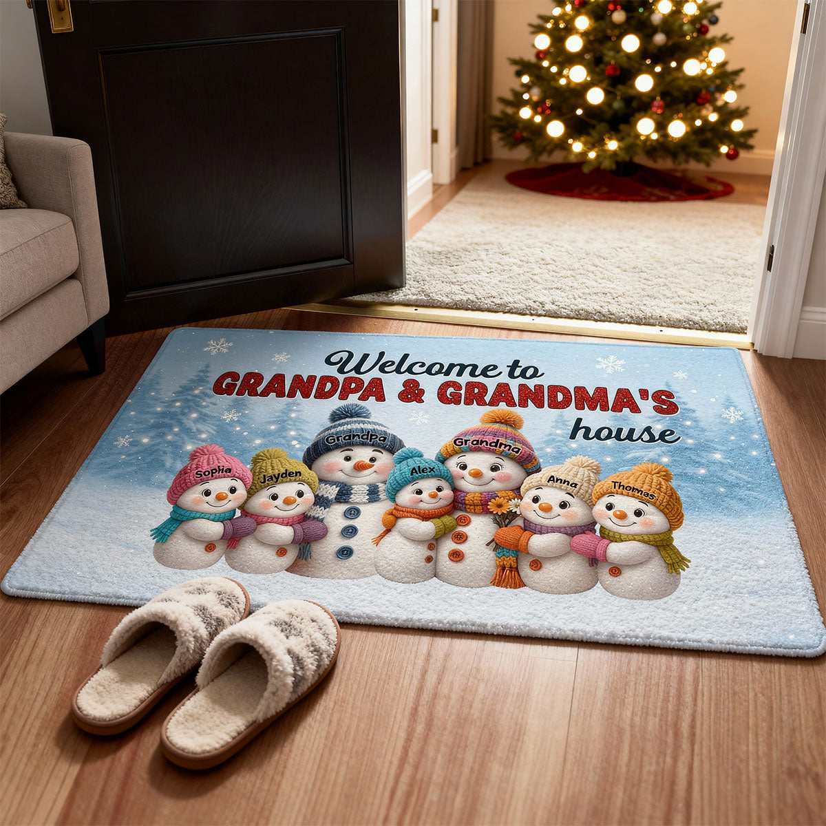 3D Effect Christmas Grandma Grandpa Grandkids Snowman Together - Personalized Doormat