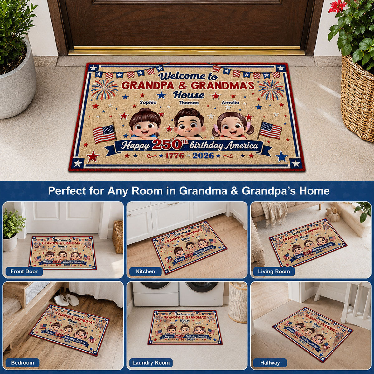 Welcome To Grandma Grandpa America 250th Anniversary - Personalized Doormat - Gift For Grandparents