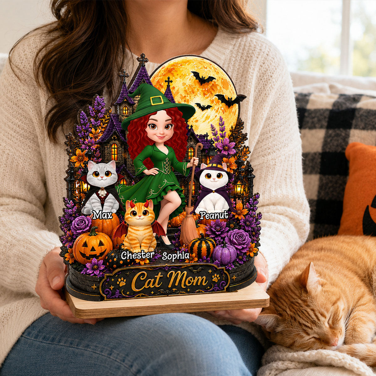 Cat Mom Witch Haunted House Moon - Personalized 2-Layered Wooden Plaque - Halloween Decor Gift, Gift For Cat Lovers