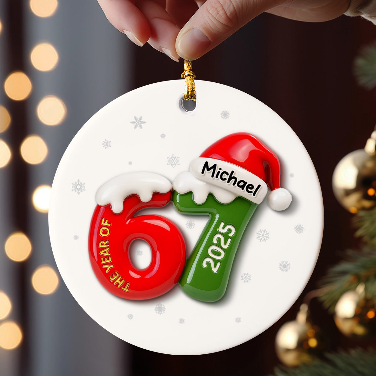 Custom Name 67 Six Seven 3D Effect - Personalized Ceramic Ornament - 2025 Slang, Funny Teen Grandkid, Gen Alpha Christmas Gift