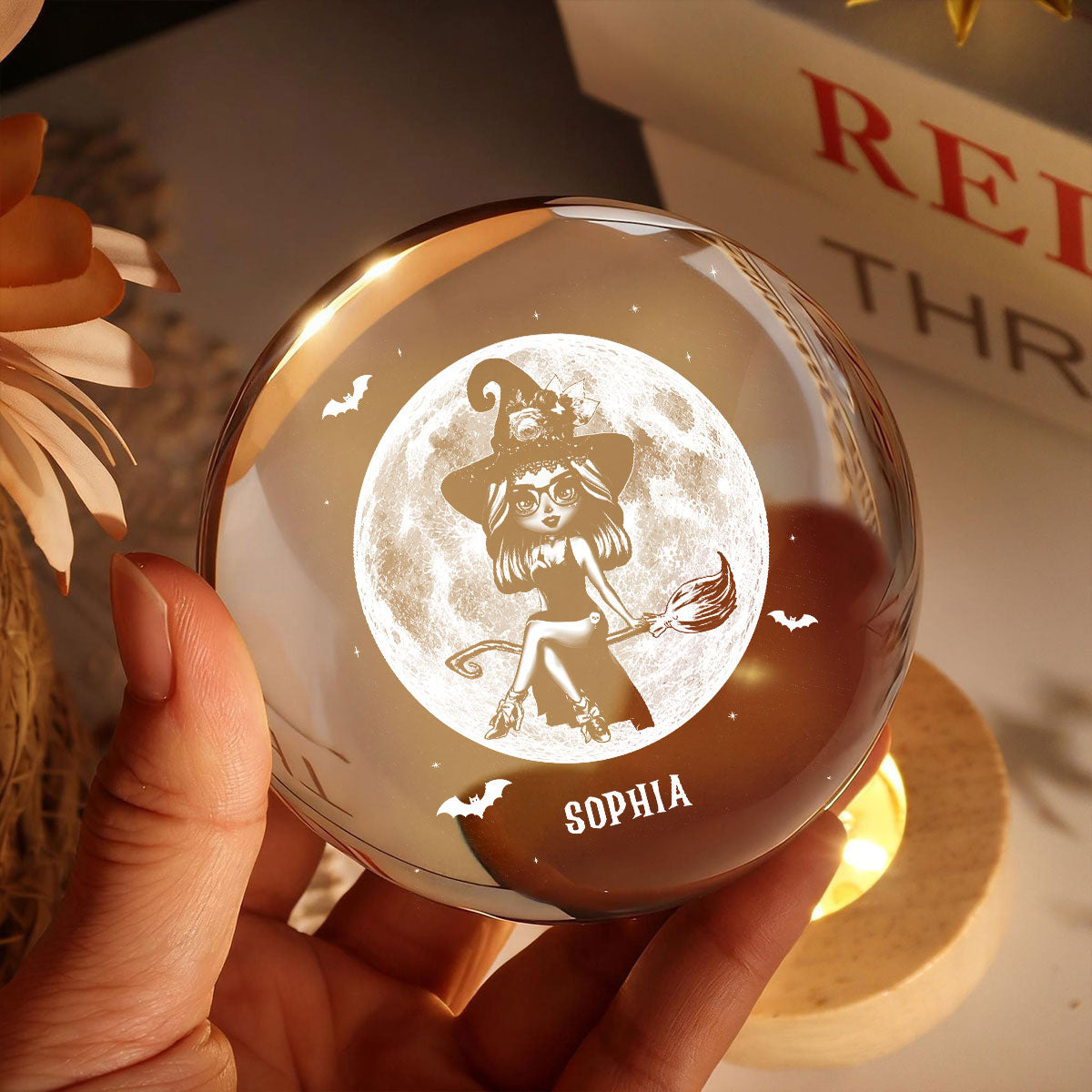 Witch On Broom Under Moon - Personalized Crystal Ball Night Light - Halloween Decor, Wicca Pagan Decor For Witches