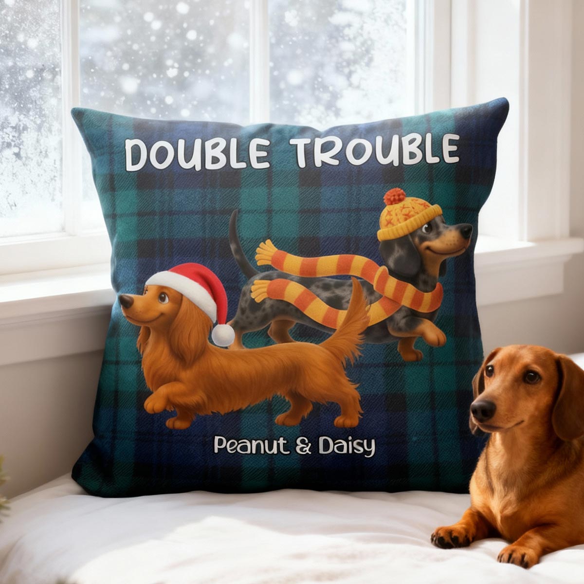 Christmas Dachshunds Double Trouble - Personalized Pillow - Gift For Dachshund Lovers