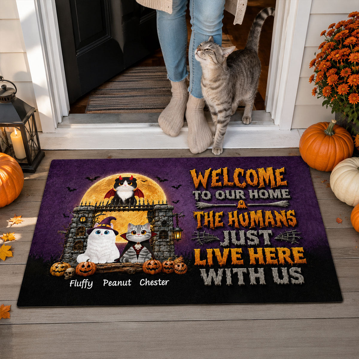 The Humans Just Live Here With Us - Personalized Doormat - Halloween Decor Gift, Gift For Cat Lovers