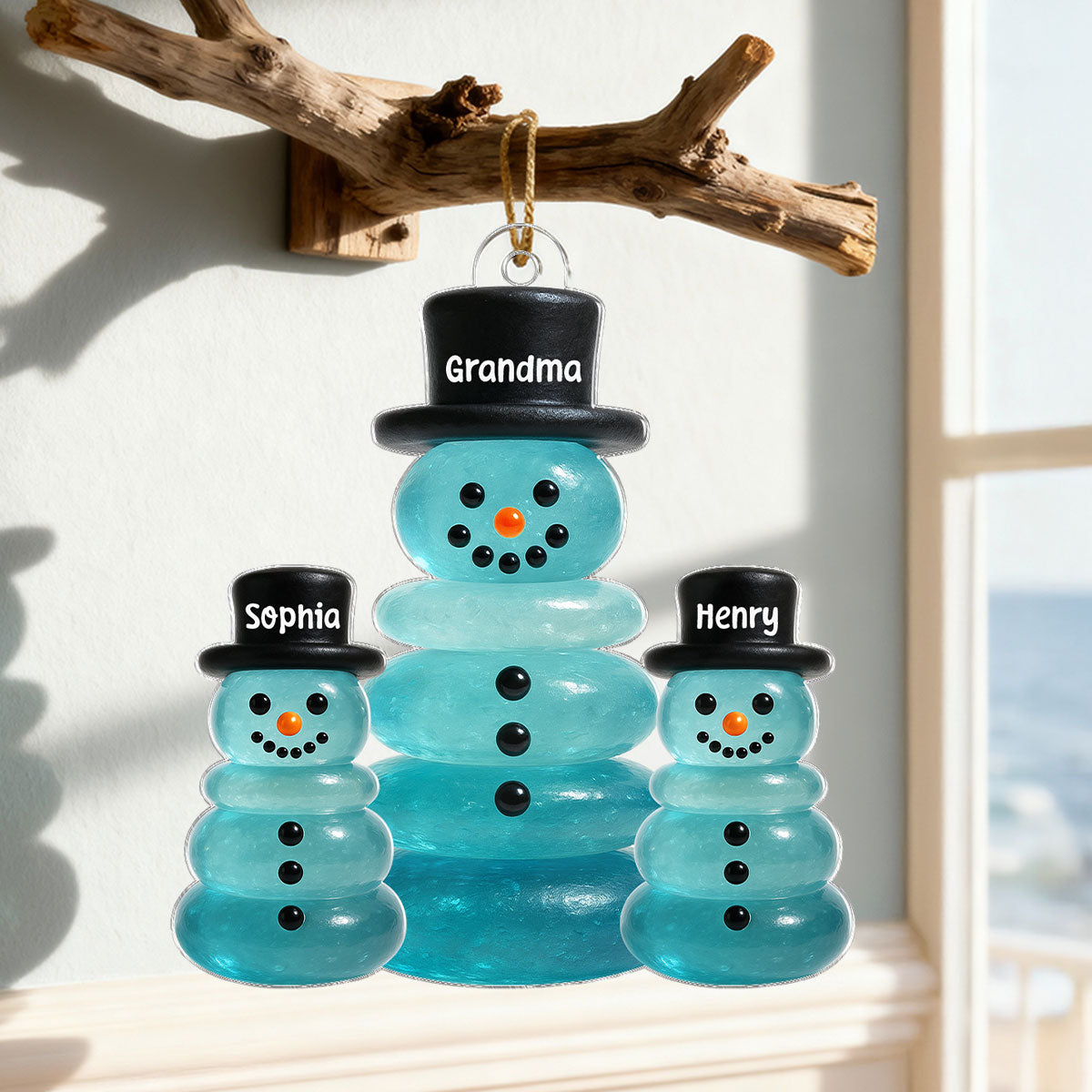 3D Effect Sea Glass Grandma Grandkids Snowman - Personalized Acrylic Ornament - Christmas Gift for Grandma