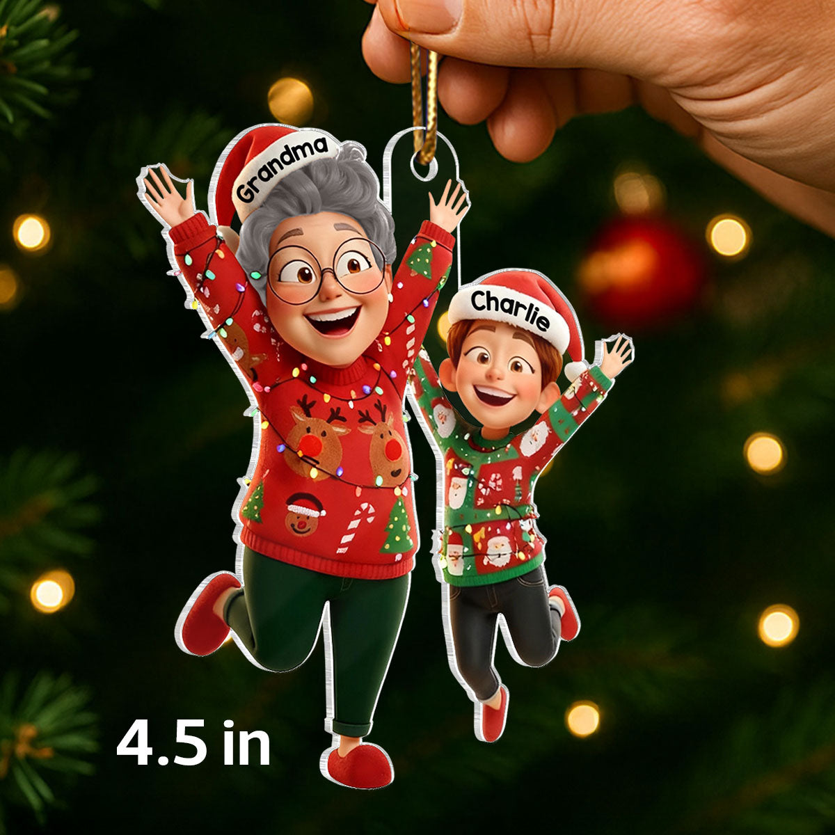 Happy Grandma Grandkid Jumping - Personalized Acrylic Ornament - Christmas Gift for Grandma, Grandkids