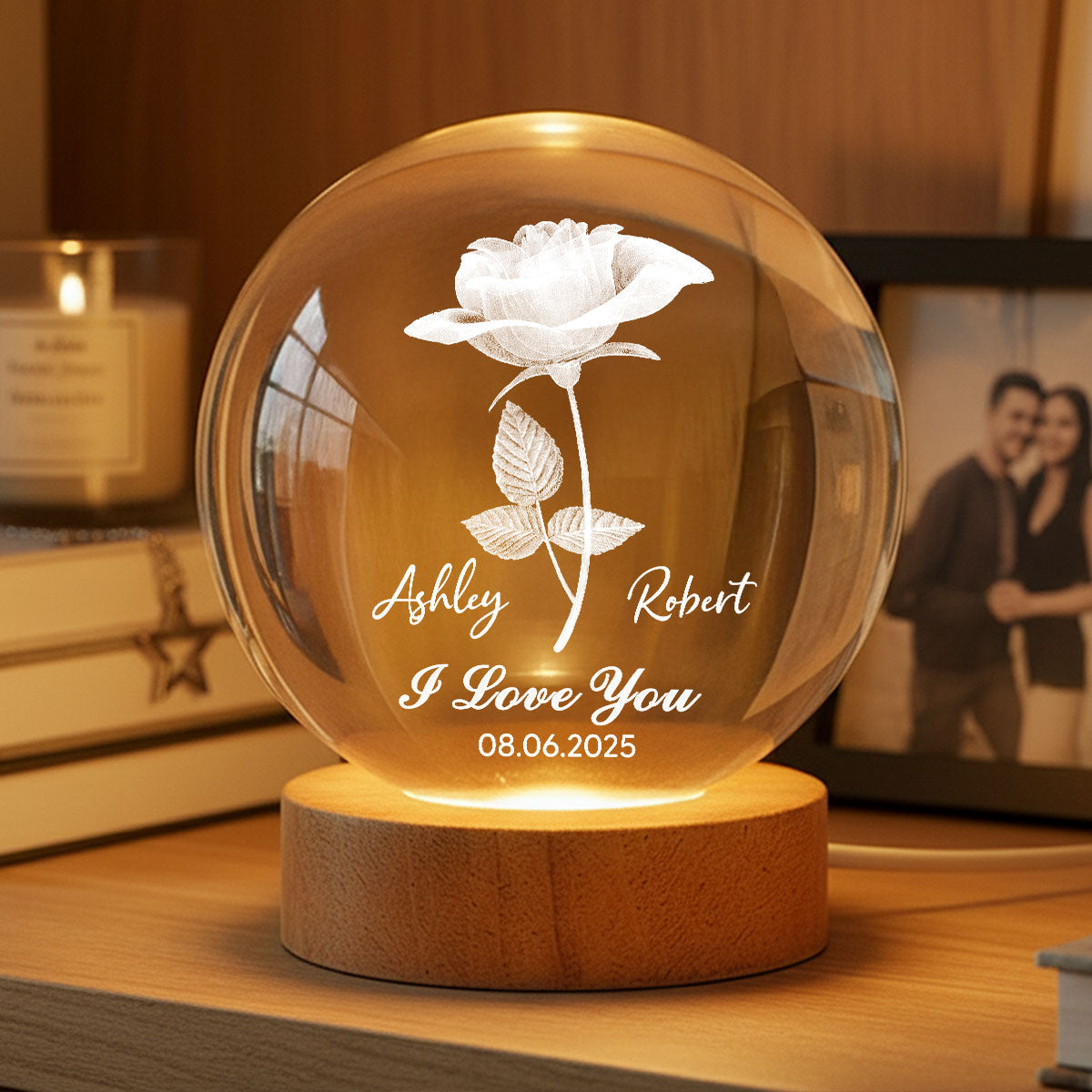 Eternal Love Rose I Love You - Personalized Crystal Ball LED Night Light - Valentine's Day Gift For Couple, For Her, For Him