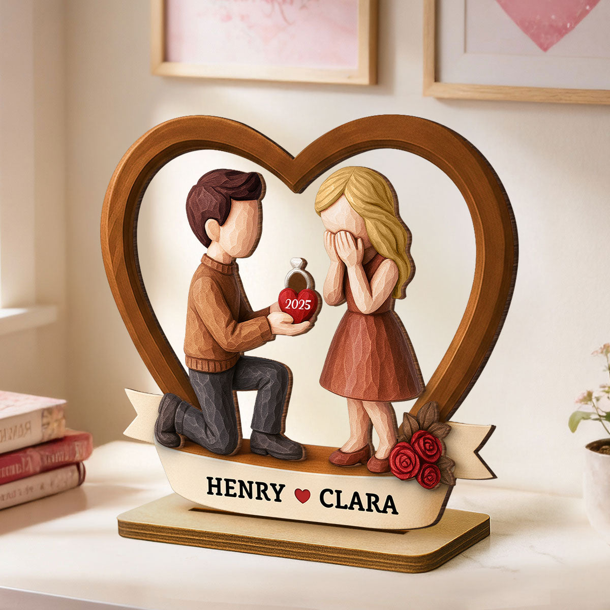 Couple Marriage Proposal 3D Wooden Effect - Personalized Wooden Plaque - Newly Engaged Gift, "She Said Yes!"