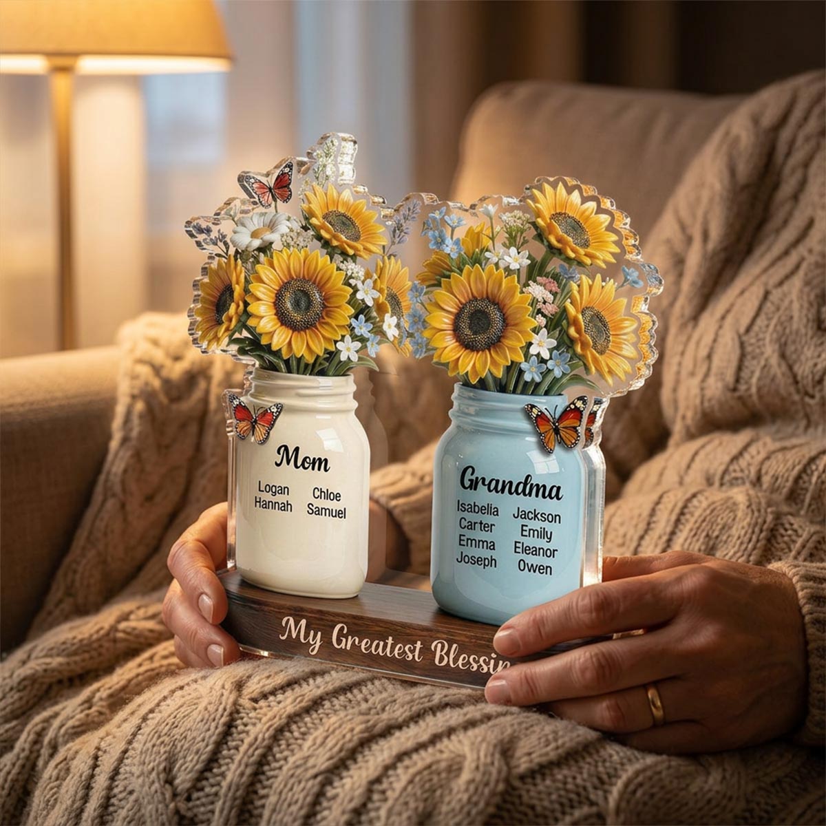 Mom Grandma Sunflowers Jars Custom Names 2D Flat - Personalized Acrylic Block Plaque - Mother's Day Gift For Grandma