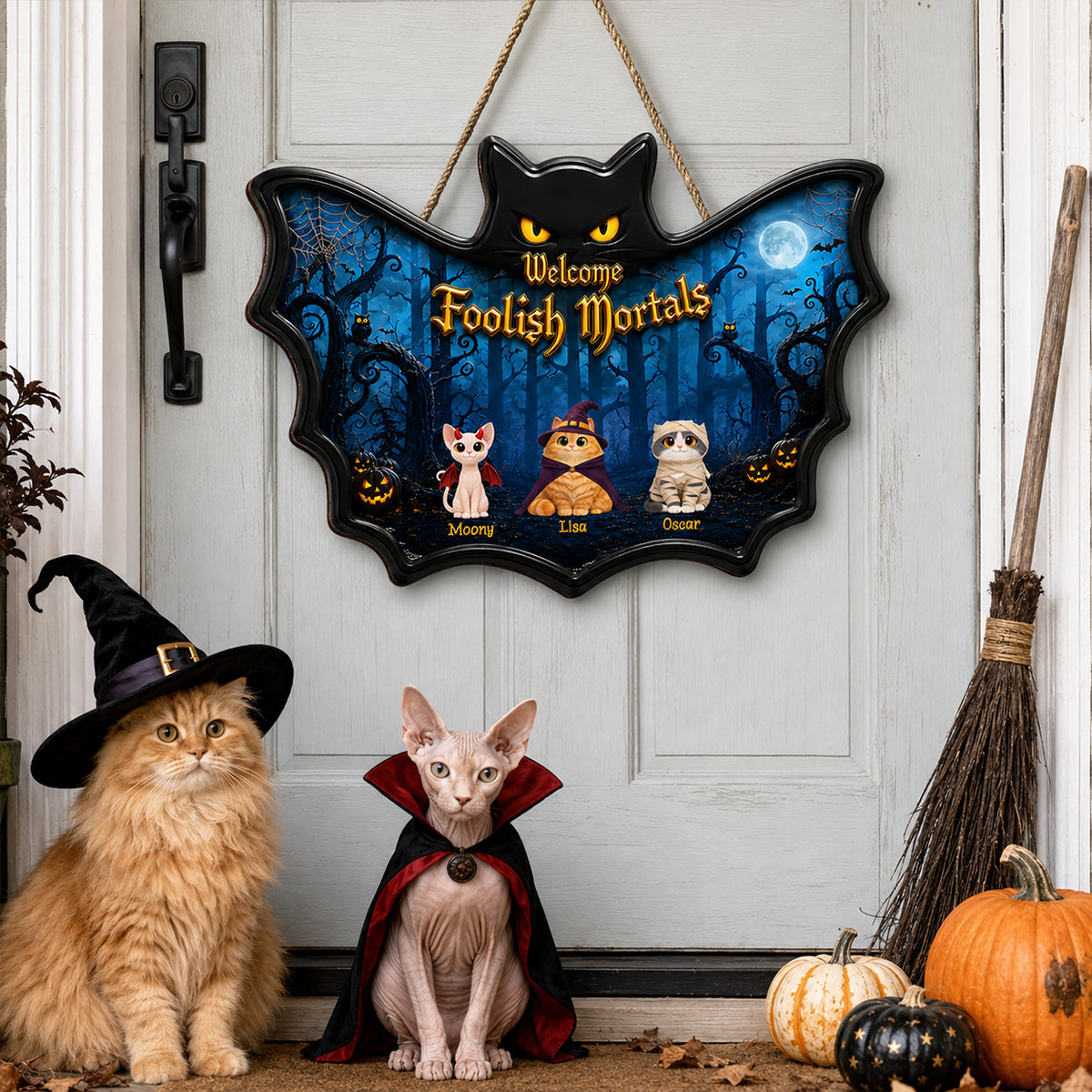 Welcome Foolish Mortals Cats Halloween - Personalized Door Sign - Halloween Decor Gift, Gift For Cat Lovers