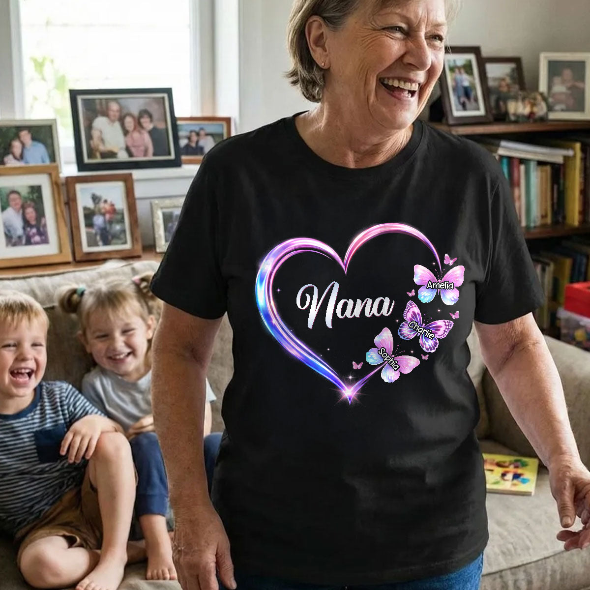 Grandma Mom Butterfly Heart with Kids' Names - Personalized Shirt - Sentimental Gift for Grandma, Mom