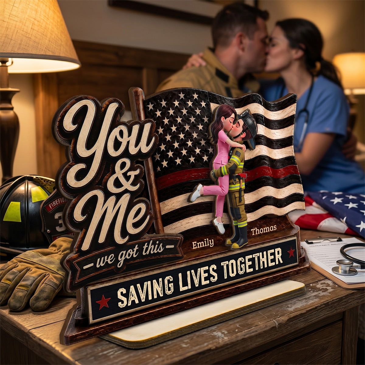 Proud Hero Couple You & Me We Got This 2D Flat - Personalized 2-Layered Wooden Plaque - Gift For Couple, For Him, For Her, Nurse, Police, Firefighter, Army