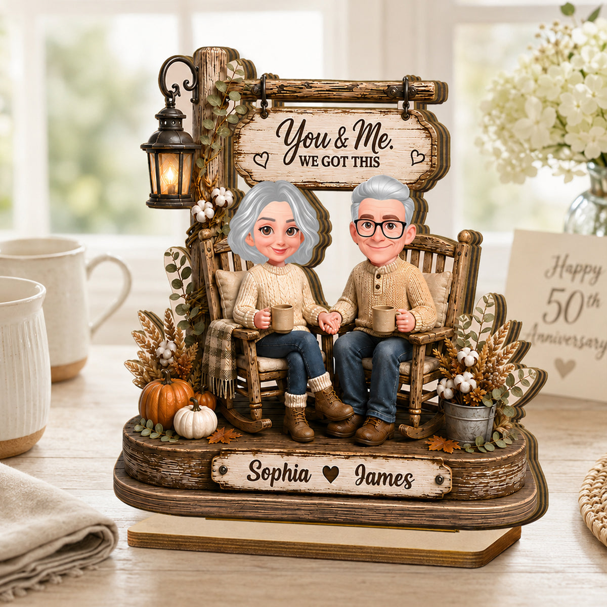 Husband Wife Sitting on Rocking Chair - Personalized 2-Layered Wooden Plaque - Anniversary Gift for Her, for Him