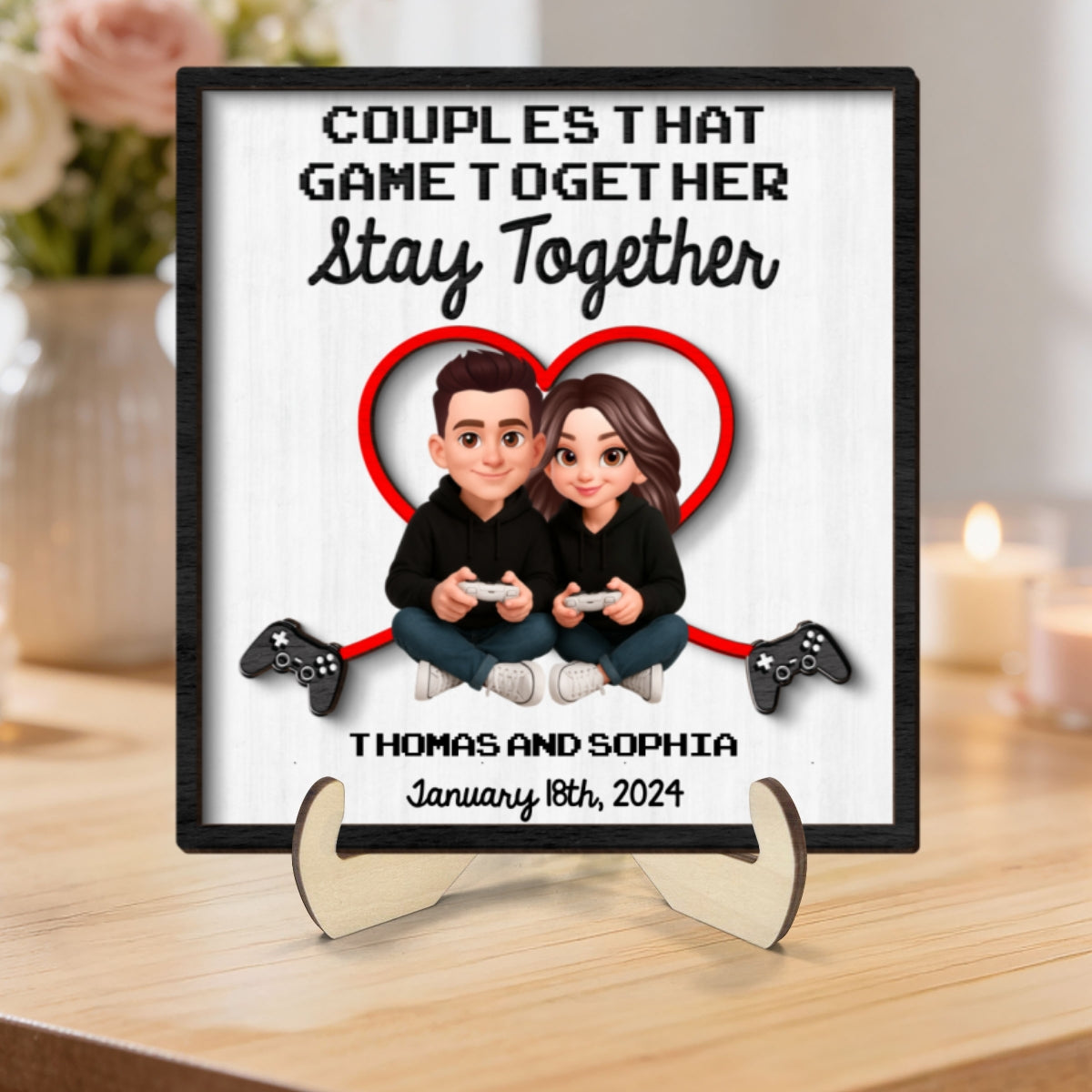Gaming Couple Game Together Stay Together - Personalized 2-Layered Wooden Plaque - Heartfelt Valentine, Anniversary Gift For Gamers, For Him, For Her