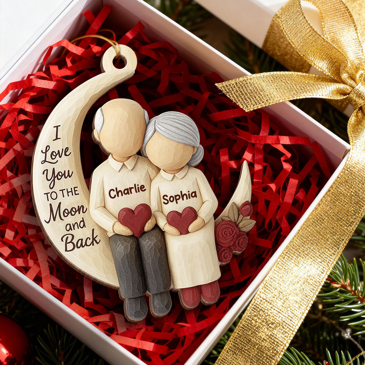 Old Couple Sitting on Moon - Personalized Wooden Ornament - Christmas Gift for him, Gift for her