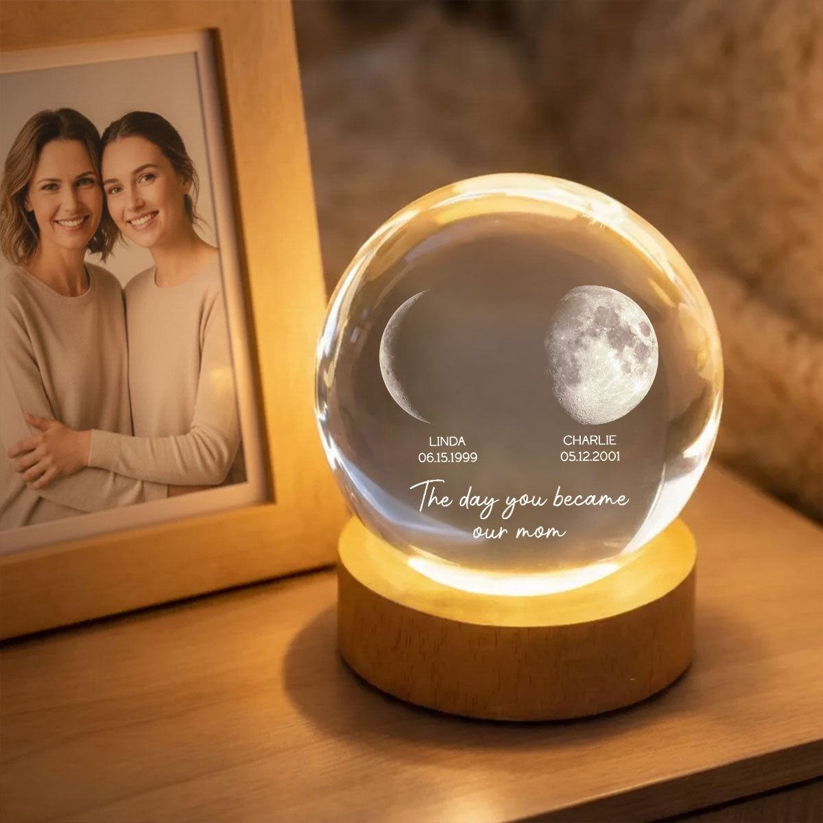 The Day You Became My Mom - Personalized Crystal Ball LED Night Light - Heartfelt Gift for Mom, Dad