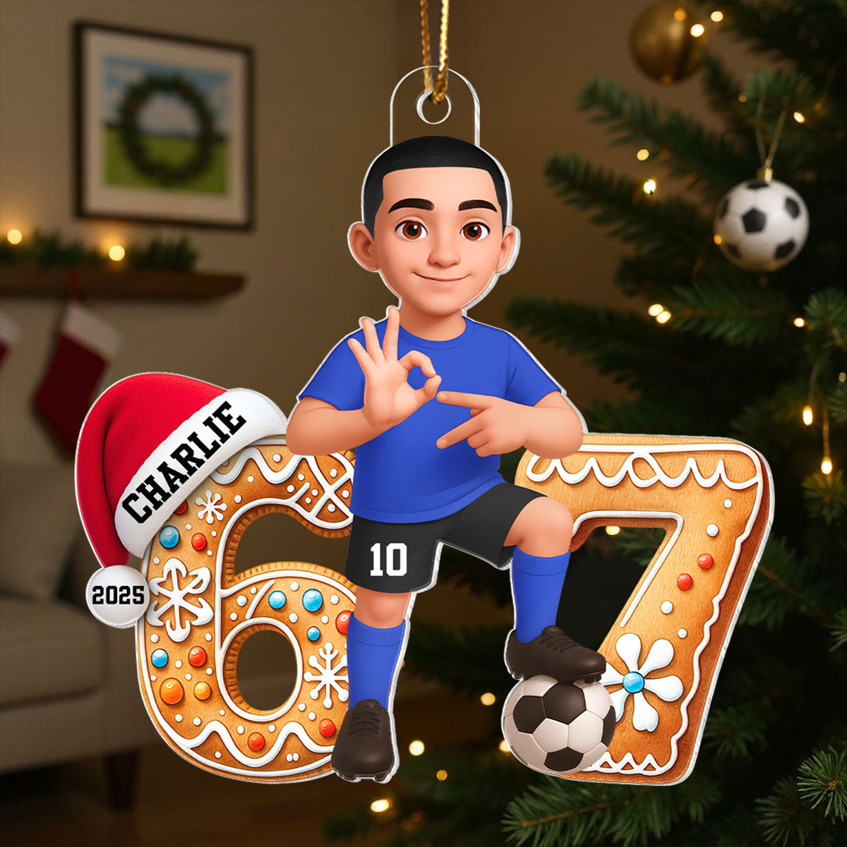 Soccer Boy Girl Christmas Pattern Custom Six Seven 67 - Personalized Acrylic Ornament - Teen Slang Funny Tree Decor, Funny Teen Grandkid Gift