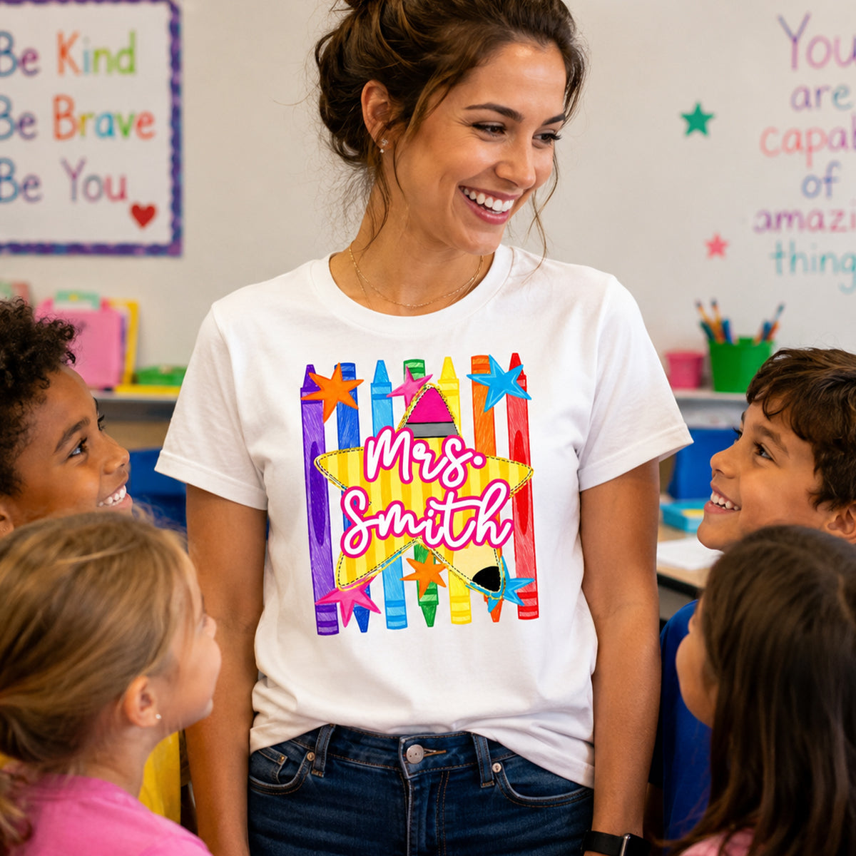 Striped Custom Teacher Name Pencil Crayons - Personalized Shirt - Back To School Gift for Teachers