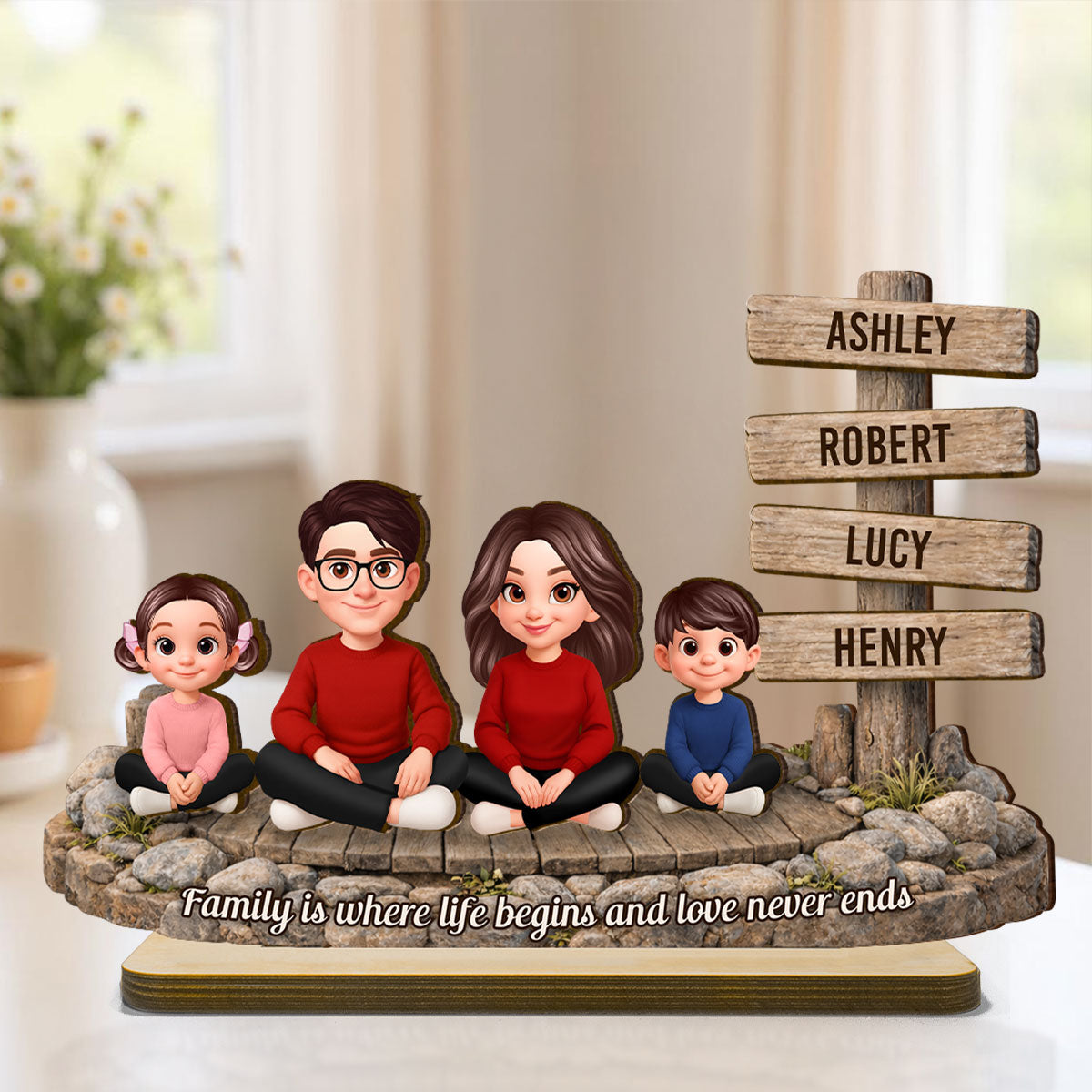 Family Is Where Love Never Ends Sign Post - Personalized 2-Layered Wooden Plaque - Heartfelt Gift For Mom, Dad