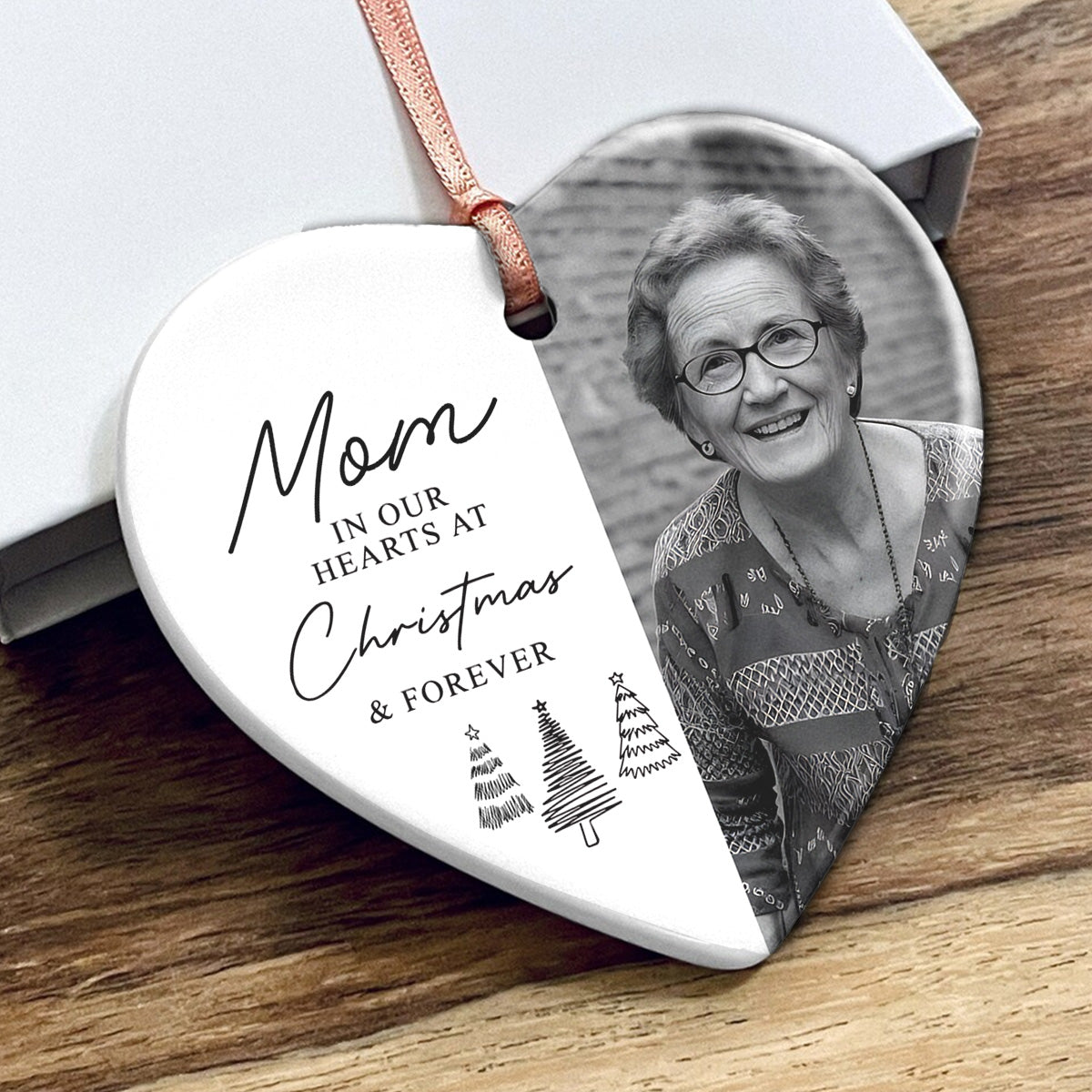 In Our Hearts At Christmas & Forever Custom Photo - Personalized Ceramic Ornament - Remembrance Keepsake, Memorial Gift