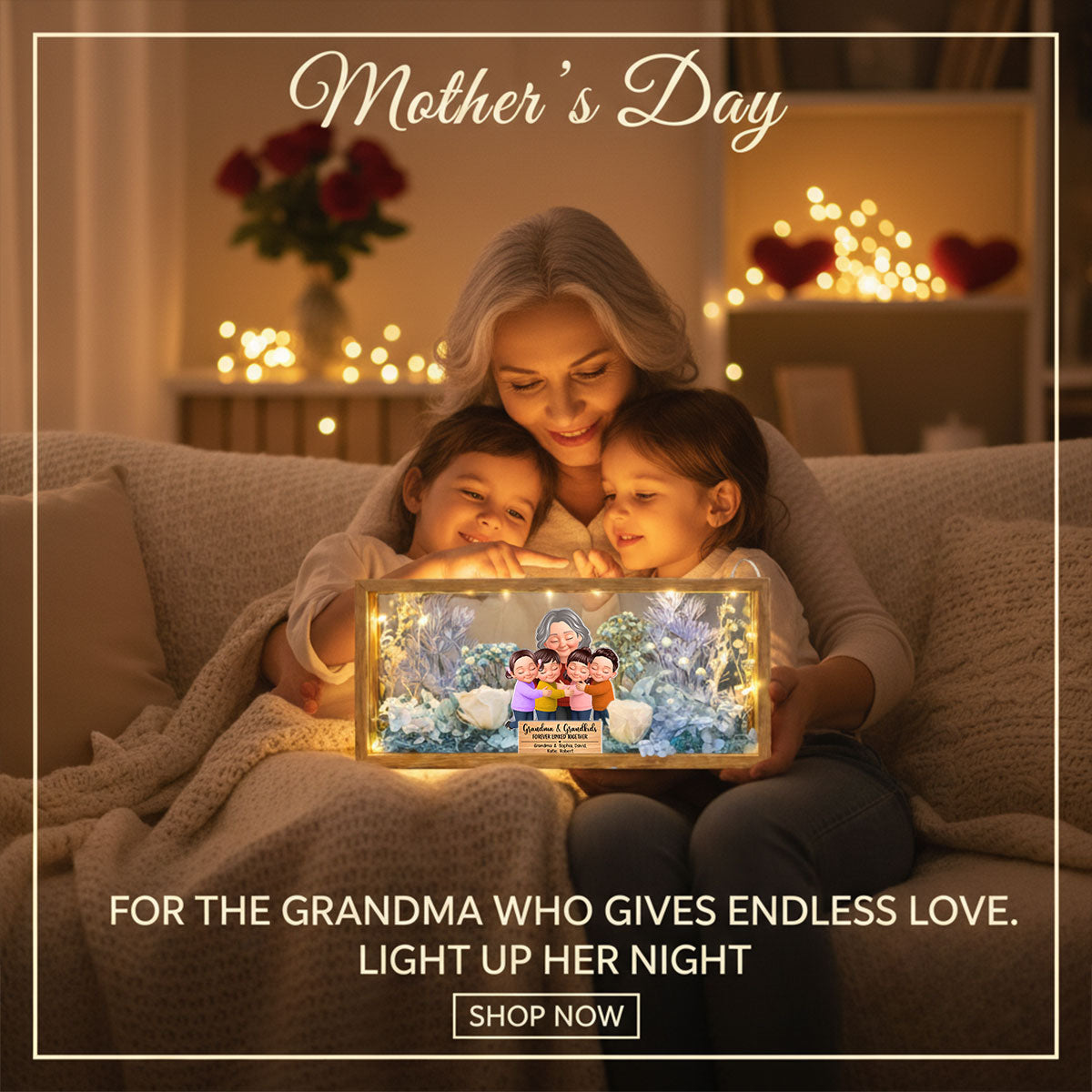 Grandma And Grandkids Forever Linked Together - Personalized DIY Flower Shadow Box LED Night Light - Gift For Grandma