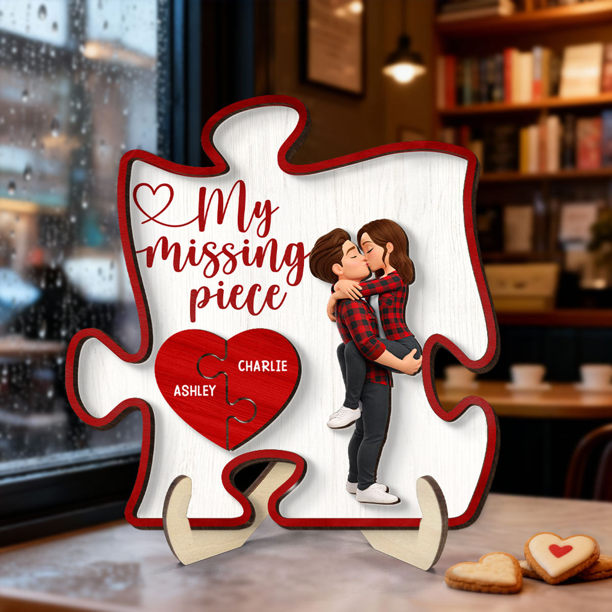 Couple Kissing My Missing Piece Red Puzzle - Personalized 2-Layered Wooden Plaque - Anniversary, Valentine's Day Gift, Gift For Him, Gift For Her
