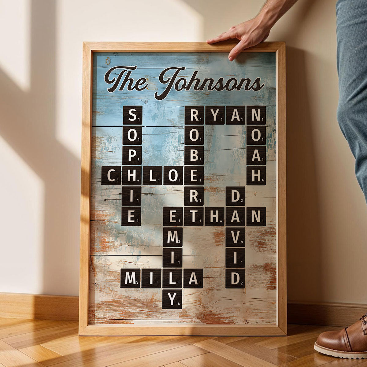 Family Crossword Puzzle Blue Rustic Wood Palette - Personalized Poster - Wall Art Home Decor