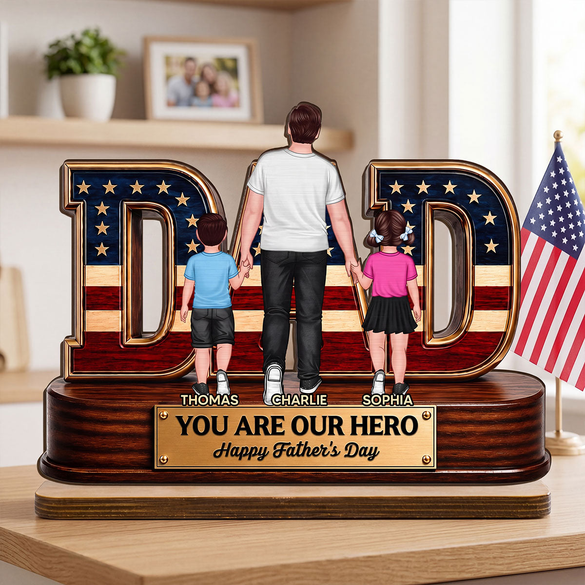 Nation Flag Dad And Kids You Are Our Hero - Personalized 2-Layered Wooden Plaque -  Gift For Dad, Husband