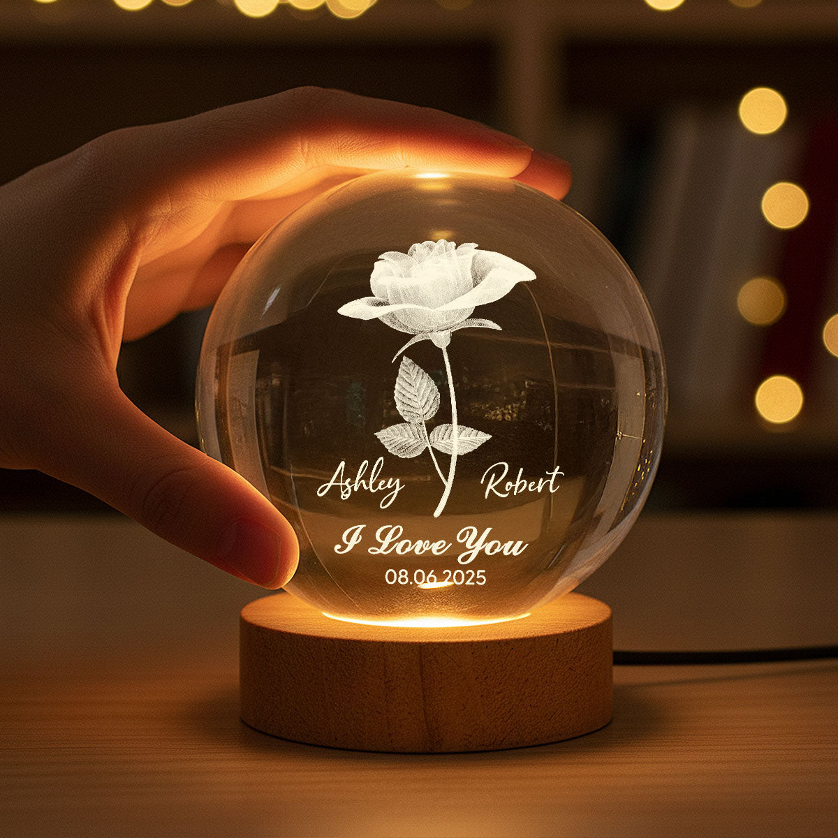 Eternal Love Rose I Love You - Personalized Crystal Ball LED Night Light - Valentine's Day Gift For Couple, For Her, For Him