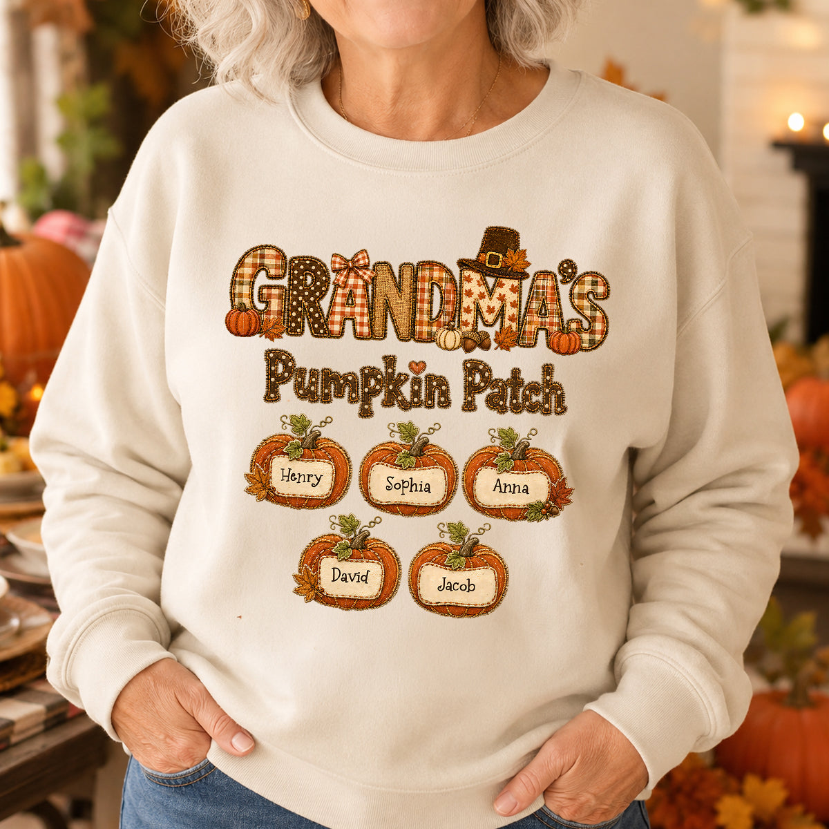 Grandma's Pumpkin Patch Fall Patchwork Pattern - Personalized Shirt - Trendy Fall Halloween Tee for Grandma