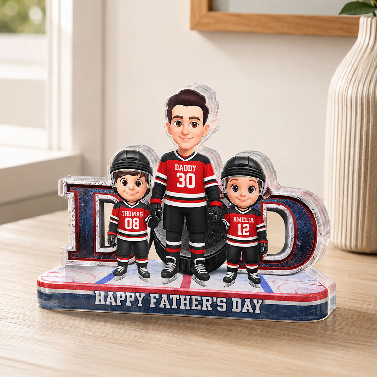 Hockey Dad And Kids Together Front View - Personalized Acrylic Block Plaque -  Gift For Dad, Husband