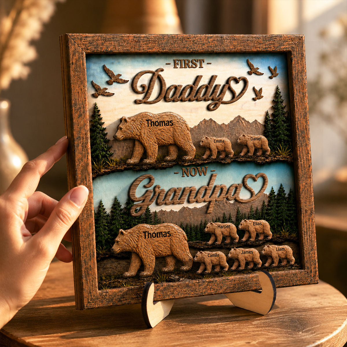 First Dad Now Grandpa Bear with Kids Name - Personalized 2-Layered Wooden Plaque
