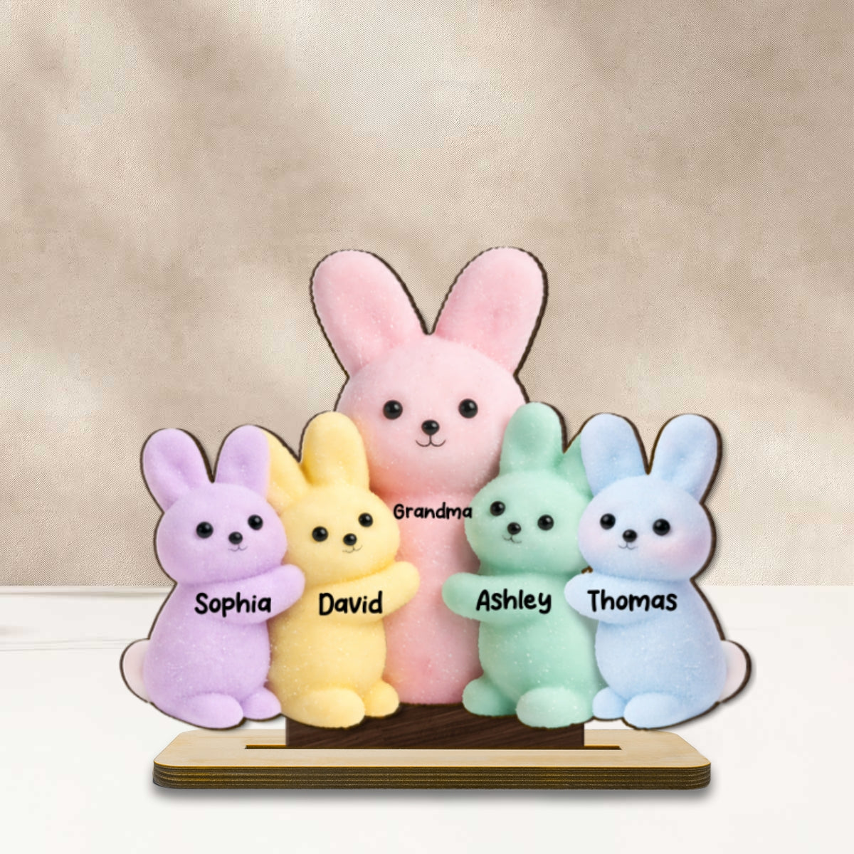 Grandma and Grandkids Bunnies - Personalized 2-Layered Wooden Plaque - Easter Decor Gift for Grandma, Mom