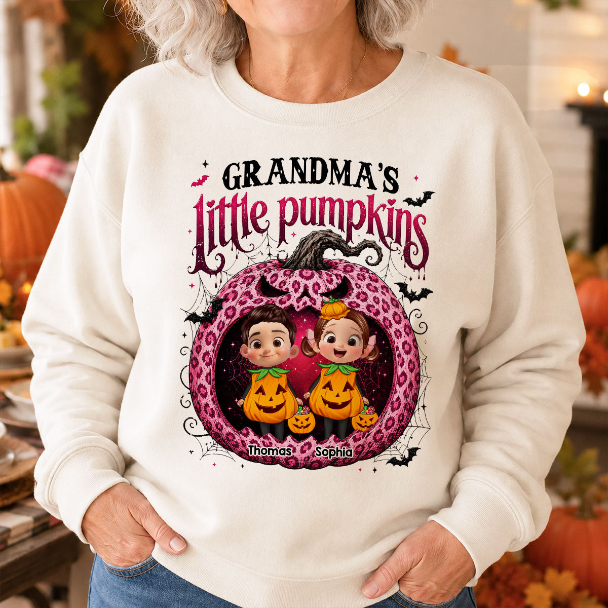 Grandma's Little Pumpkins Jack O Lantern - Personalized Shirt - Trendy Halloween Tee for Grandma