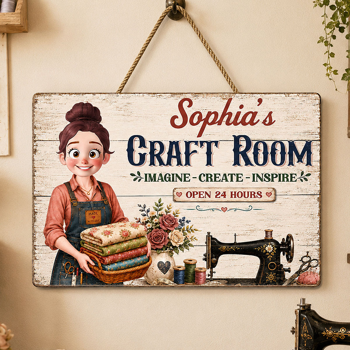 My Sewing Room Imagine Create Inspire Sewing Girl - Personalized Wooden Sign - Craft Room Decor