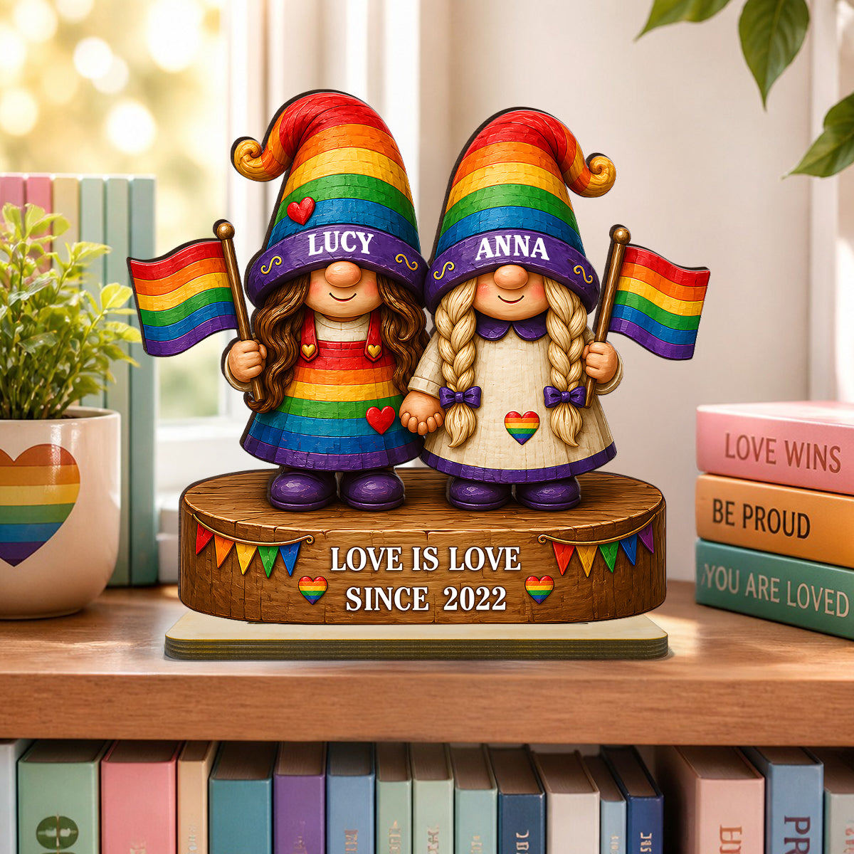 Love Is Love Rainbow Gnome Couple - Personalized 2-Layered Wooden Plaque - Gift For Couple, Happy Pride Month