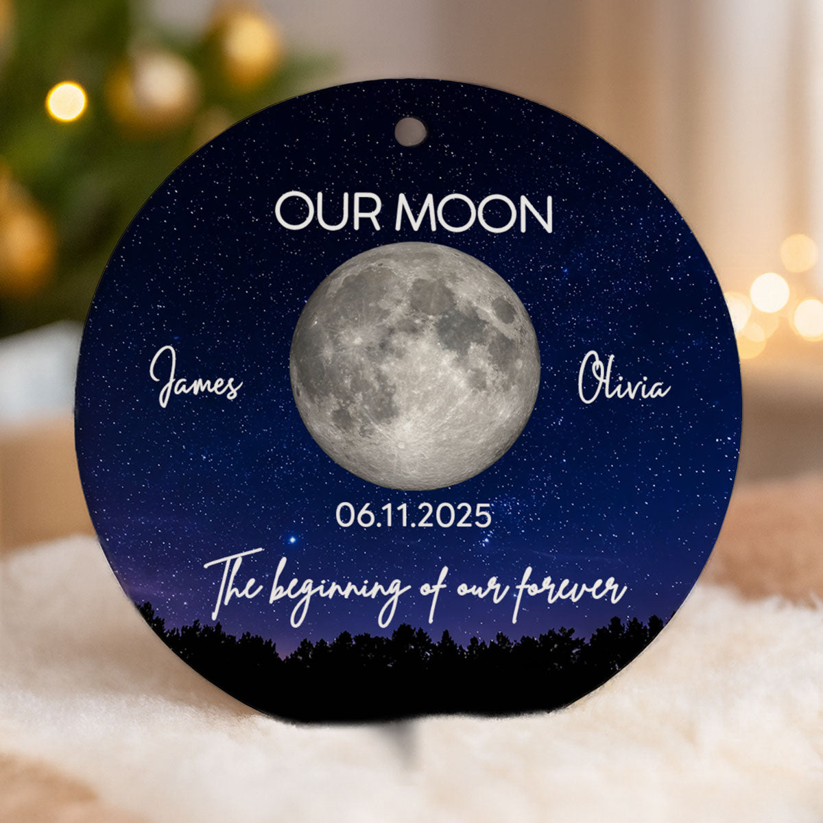 Moon Phase Couple The Beginning Of Our Forever - Personalized Ceramic Ornament - Gift For Couple