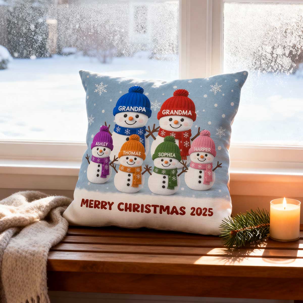 3D Effect Velvet Texture Christmas Grandma Grandkids Snowman Together - Personalized Pillow