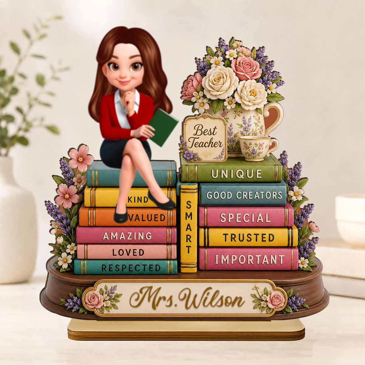 Floral Books Teacher - Personalized 2-Layered Wooden Plaque - Back To School Gift For Teachers Appreciation, Teacher Desk Name