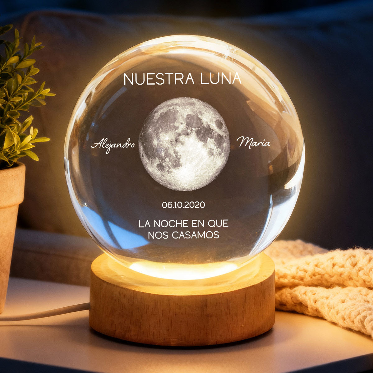 Nuestra Luna – Fase Lunar Personalizada por Fecha – Bola de Cristal con Luz Nocturna – Regalo de Aniversario