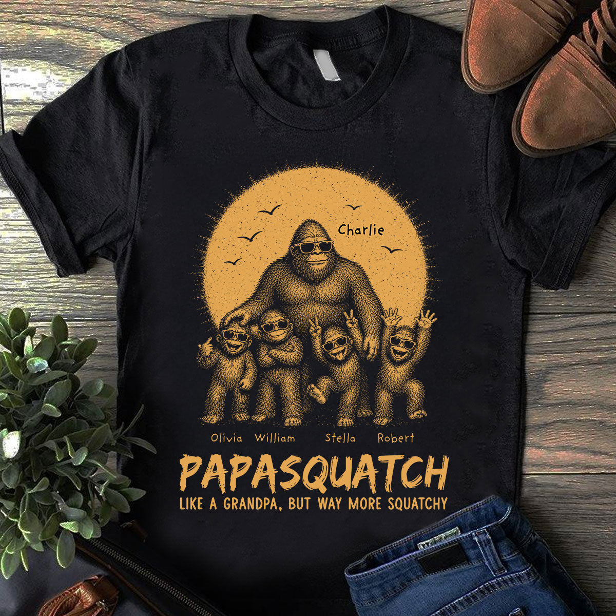 Retro Yellow Vintage Dad Grandpa Papasquatch - Personalized Shirt - Funny Father's Day Gift For Dad, Grandpa Husband