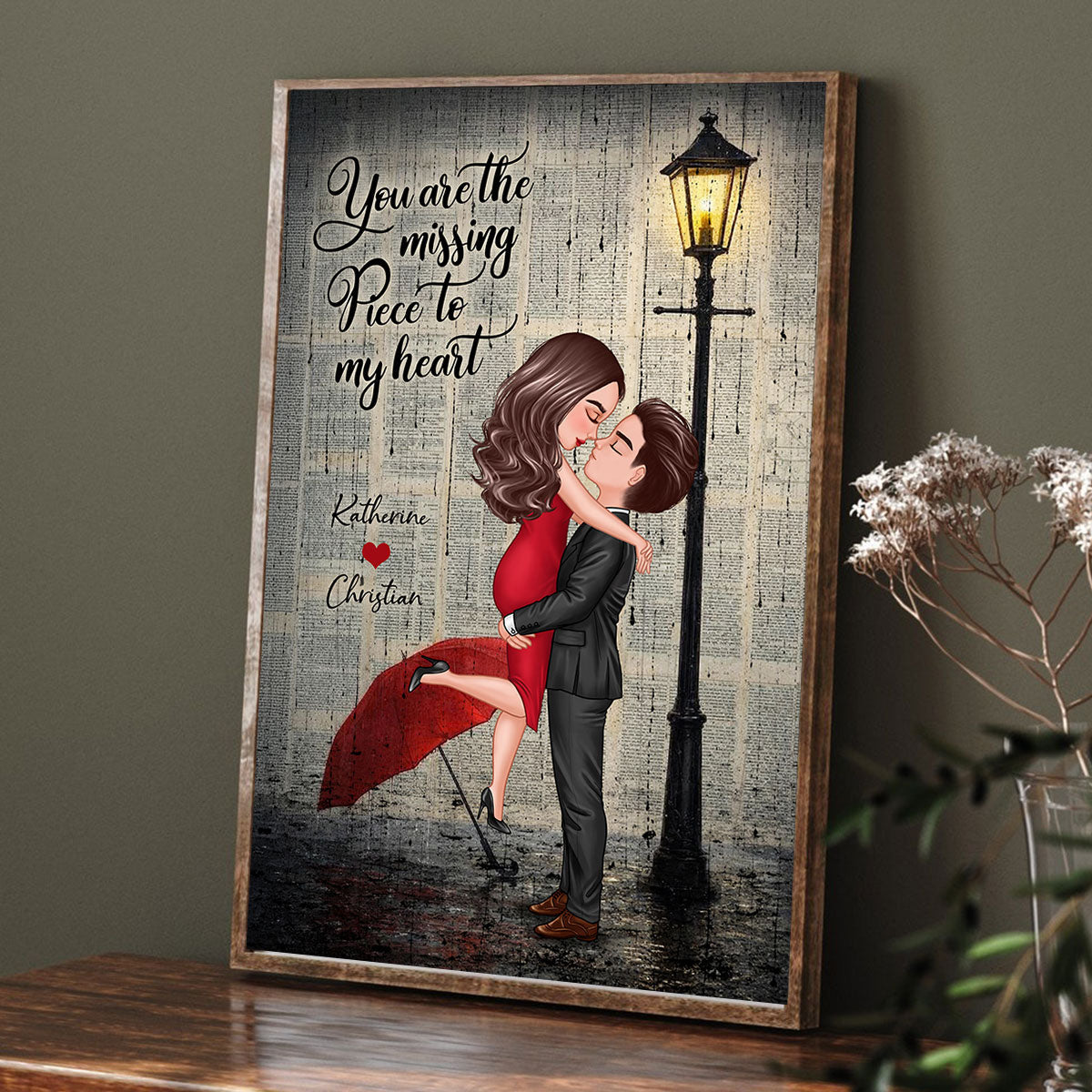 Vintage Newspaper Couple Hugging Kissing Under Lamp Post - Personalized Poster