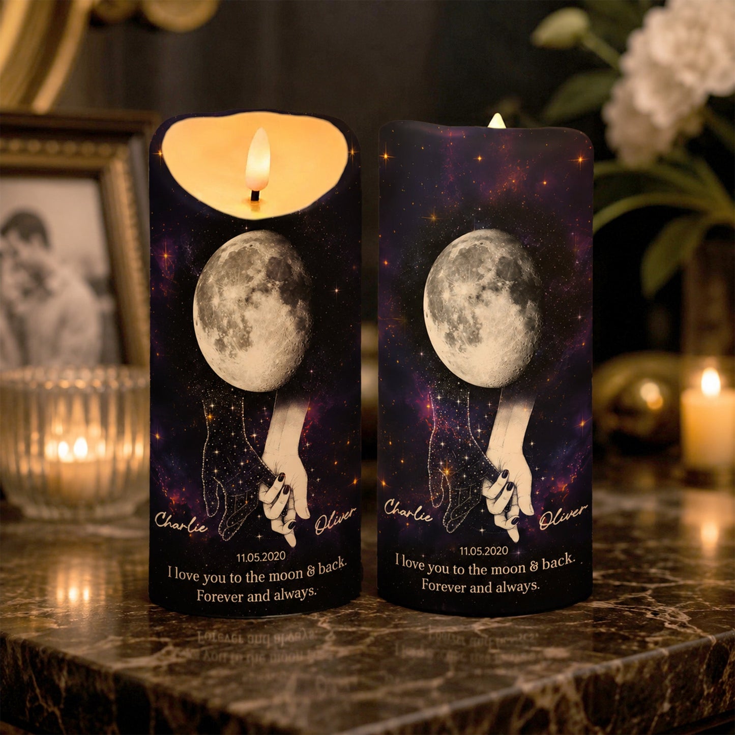 Lost Loved One Holding Hands Moon Phase - Personalized LED Candle - Memorial Gift, Remembrance Keepsake
