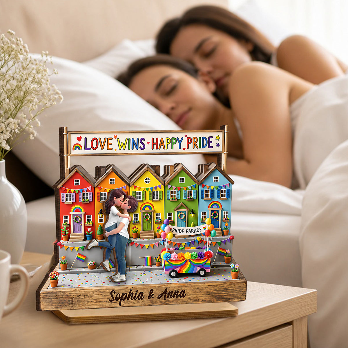 Love Wins LGBT+ Couple - Personalized 2-Layered Wooden Plaque - Gift For Couple, Happy Pride Month