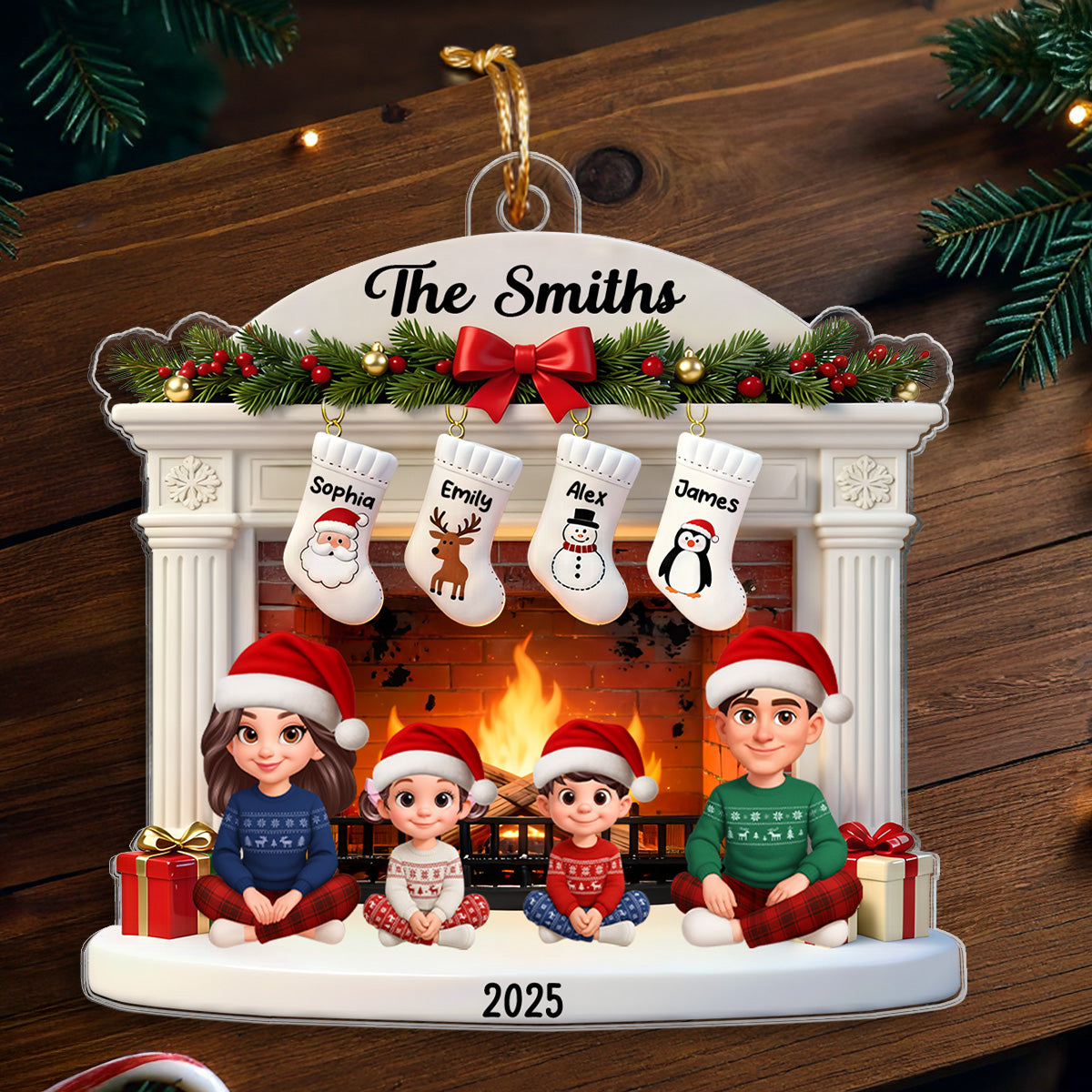 3D Effect Christmas Festive Christmas Fireplace Beautiful Family Together - Personalized Acrylic Ornament - Gift For Family