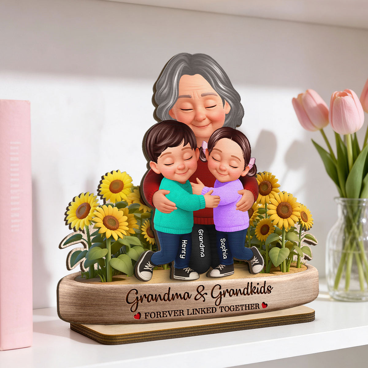 Grandma And Grandkids Forever Linked Together Sunflower Field - Personalized 2-Layered Wooden Plaque - Gift For Grandma