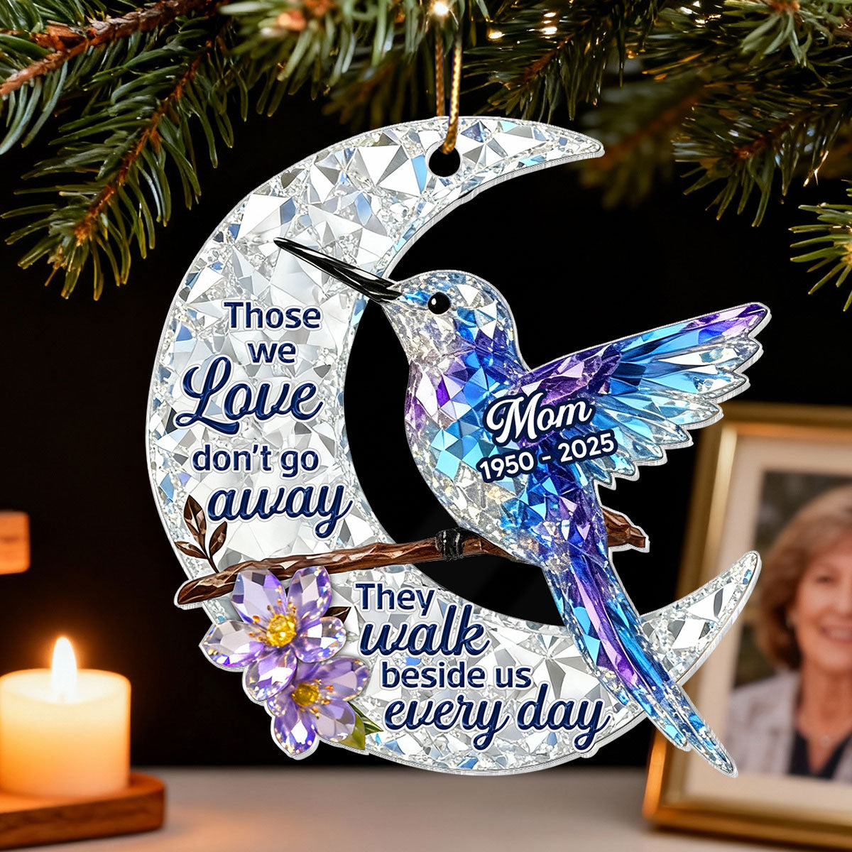 3D Effect Flat Christmas Hummingbird Moon Memorial - Personalized Acrylic Ornament - Remembrance Gift, Sympathy Gift