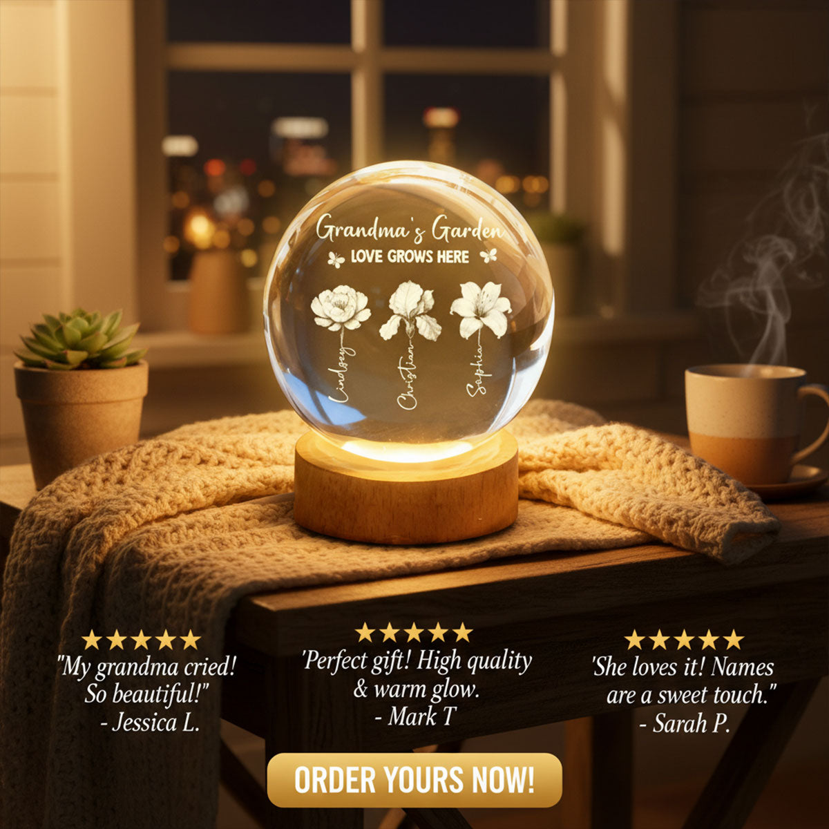 Grandma's Garden 3D Effect Birth Month Flowers - Personalized Crystal Ball LED Night Light