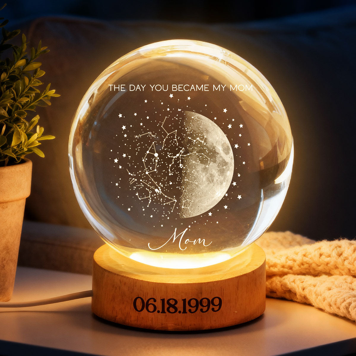 Custom Moon Phase and Star Map by Date - Personalized Crystal Ball LED Night Light - Mother's Day Gift for Mom, Wife