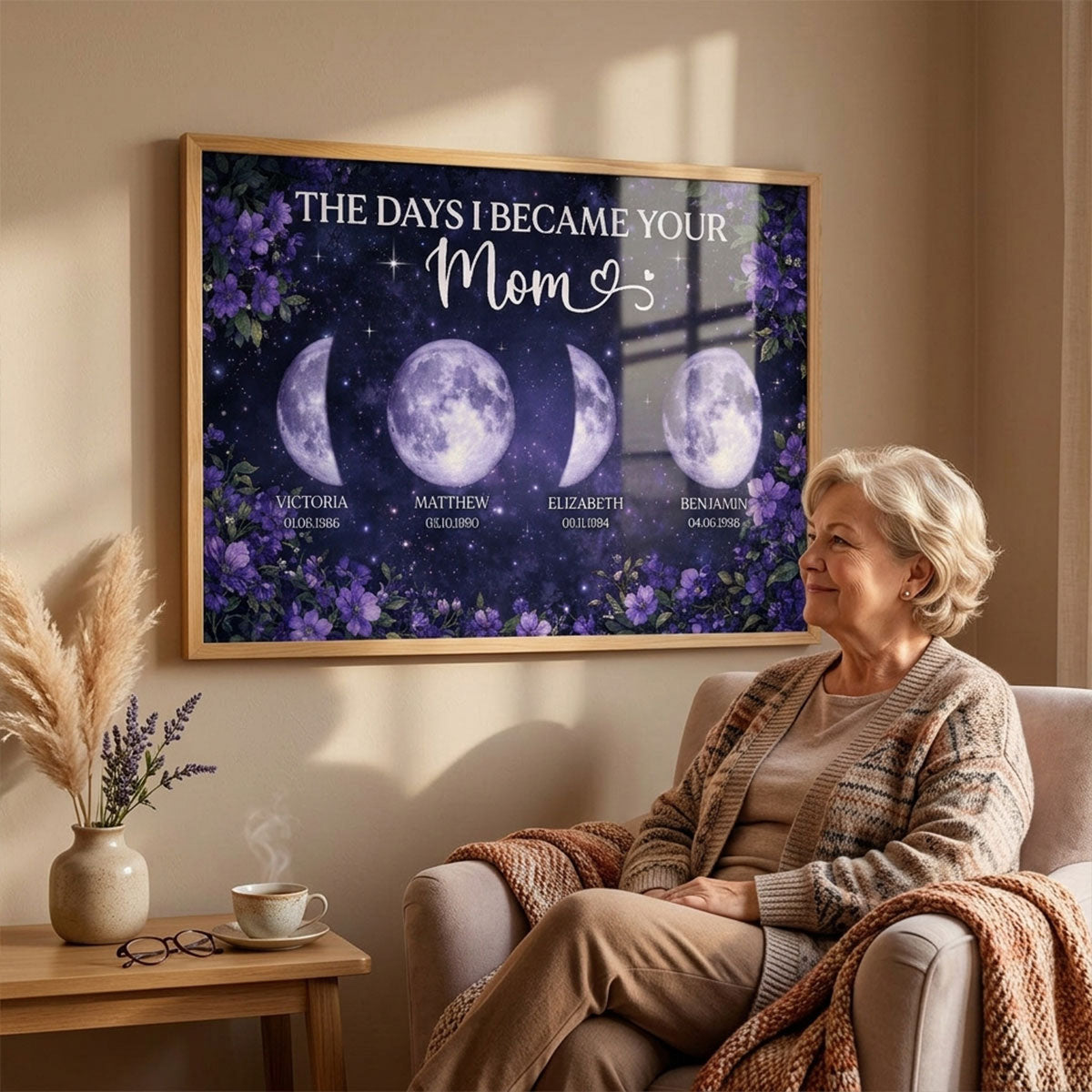 Purple Flowers The Day You Became Mom Grandma Custom Birth Moon Phase - Personalized Poster - Mother's Day Gift For Mom, Grandma